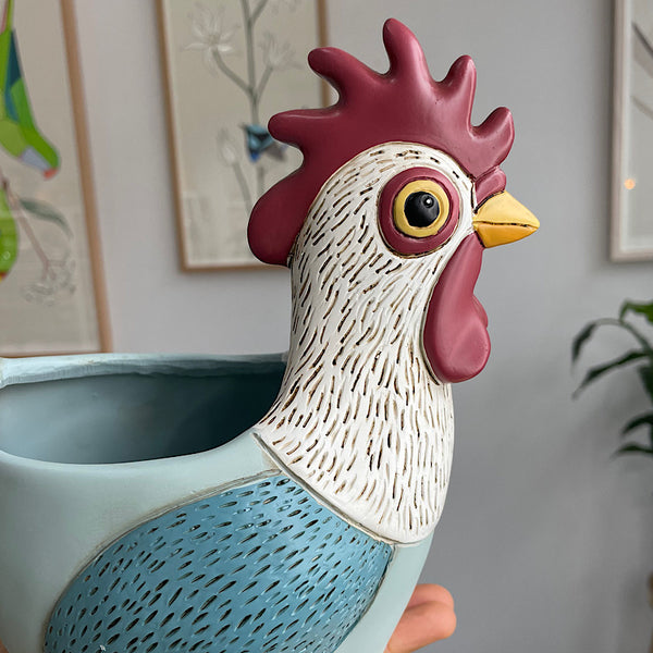 Rooster Planter Pot Light Blue