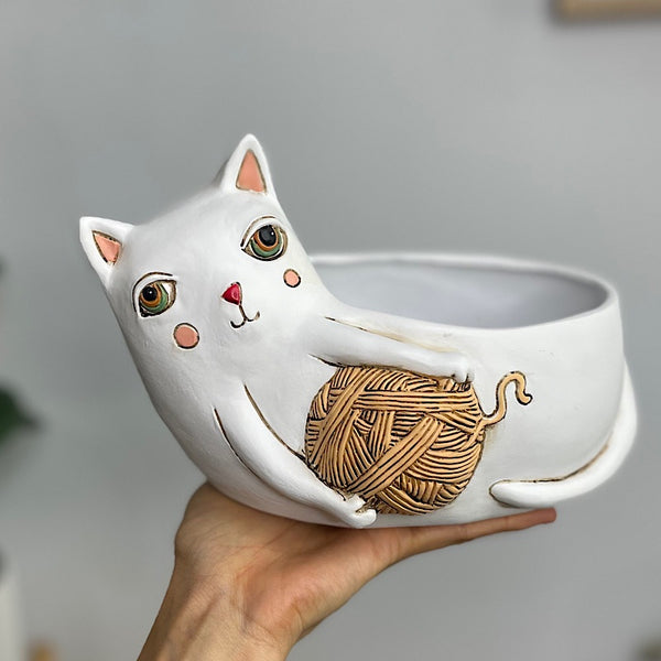 White Cat With Yarn Planter 23cm