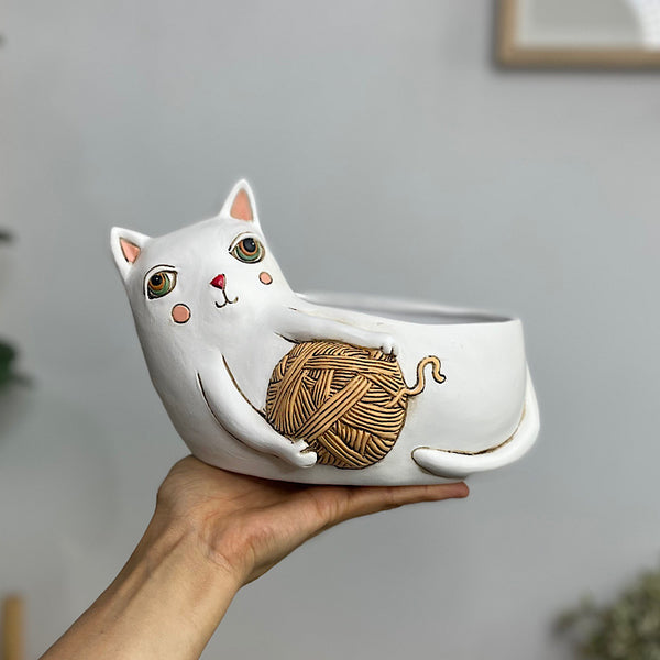 White Cat With Yarn Planter 23cm