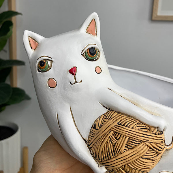 White Cat With Yarn Planter 23cm