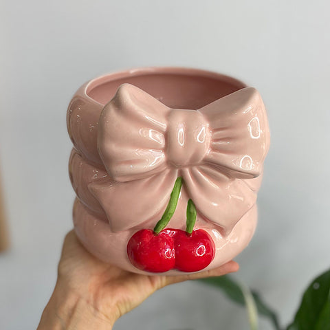 Cherry Bow Planter Pink & Red 17cm