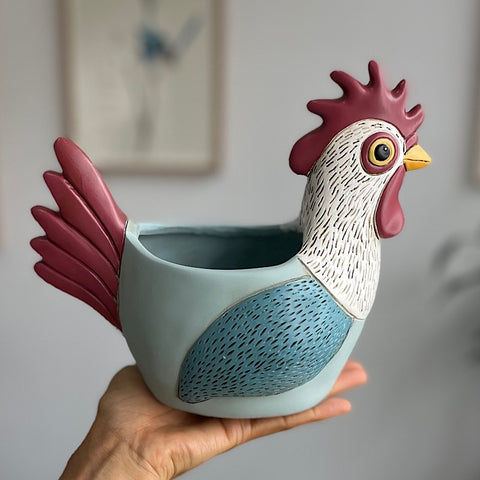 Rooster Planter Pot Light Blue