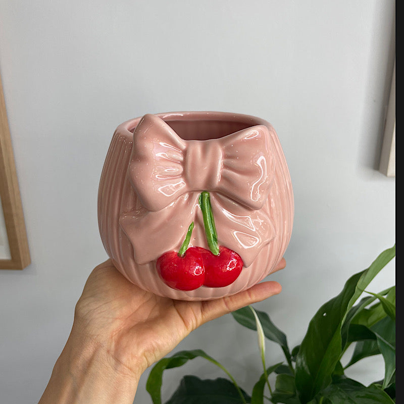 Cherry Bow Planter Pink & Red 15cm