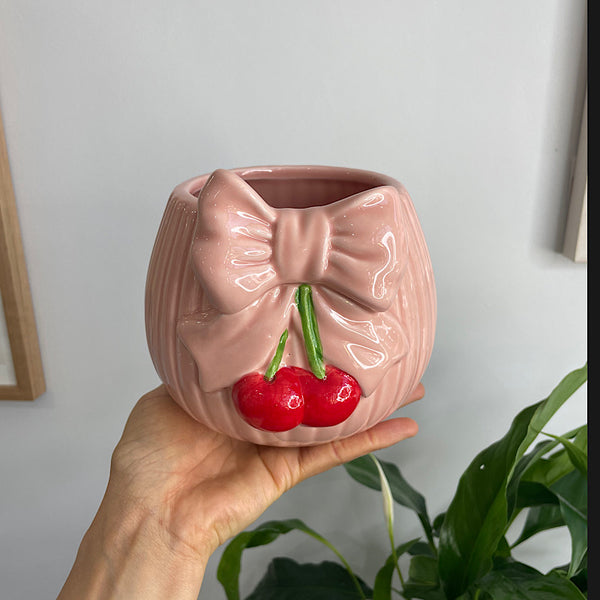 Cherry Bow Planter Pink & Red 15cm