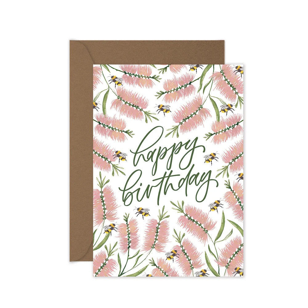 Happy Birthday Pink Bottlebrush Greeting Card