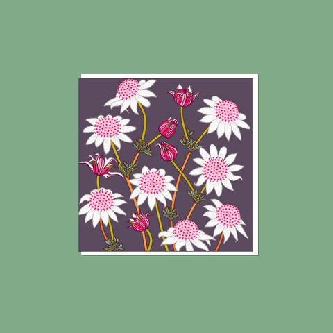 Pink Flannel Flowers on Plum Greeting Card