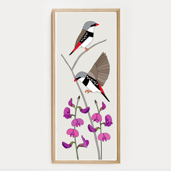 Diamond Firetails and Small Purple Pea Framed Print by Eggpicnic
