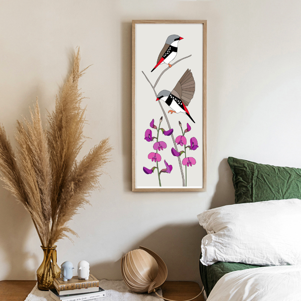 Diamond Firetails and Small Purple Pea Framed Print by Eggpicnic