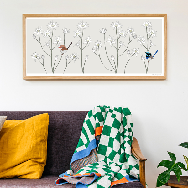 Superb Fairy-Wrens & Flannel Flowers Framed Print by Eggpicnic