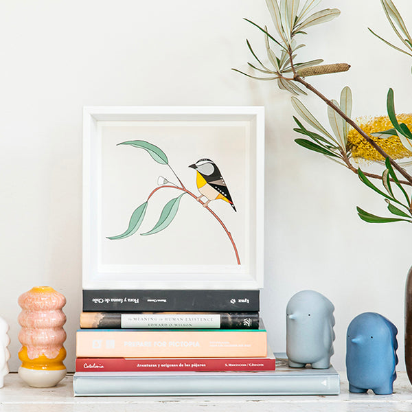 Spotted Pardalote and Eucalyptus Framed Art Print by Eggpicnic