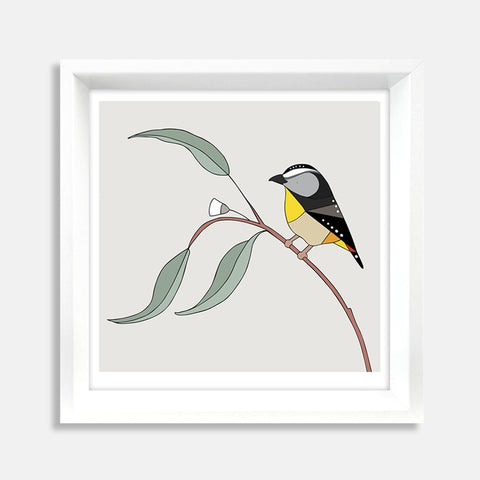 Spotted Pardalote and Eucalyptus Framed Art Print by Eggpicnic