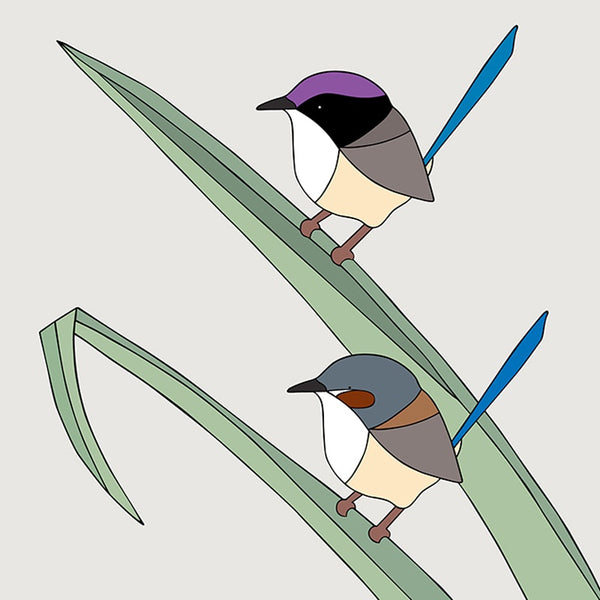 Purple Crowned Fairy-Wrens and Pandanus Art Print by Eggpicnic